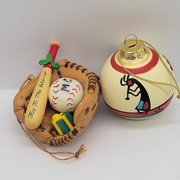 not sure Other - Lot 2 Vintage Christmas Ornaments Handpaintes Ball /Baseball Glove Bat Ball